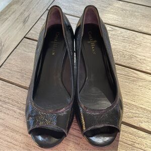 Cole Haan Black Patent Leather Peep-Toe Wedges Womens Size 9